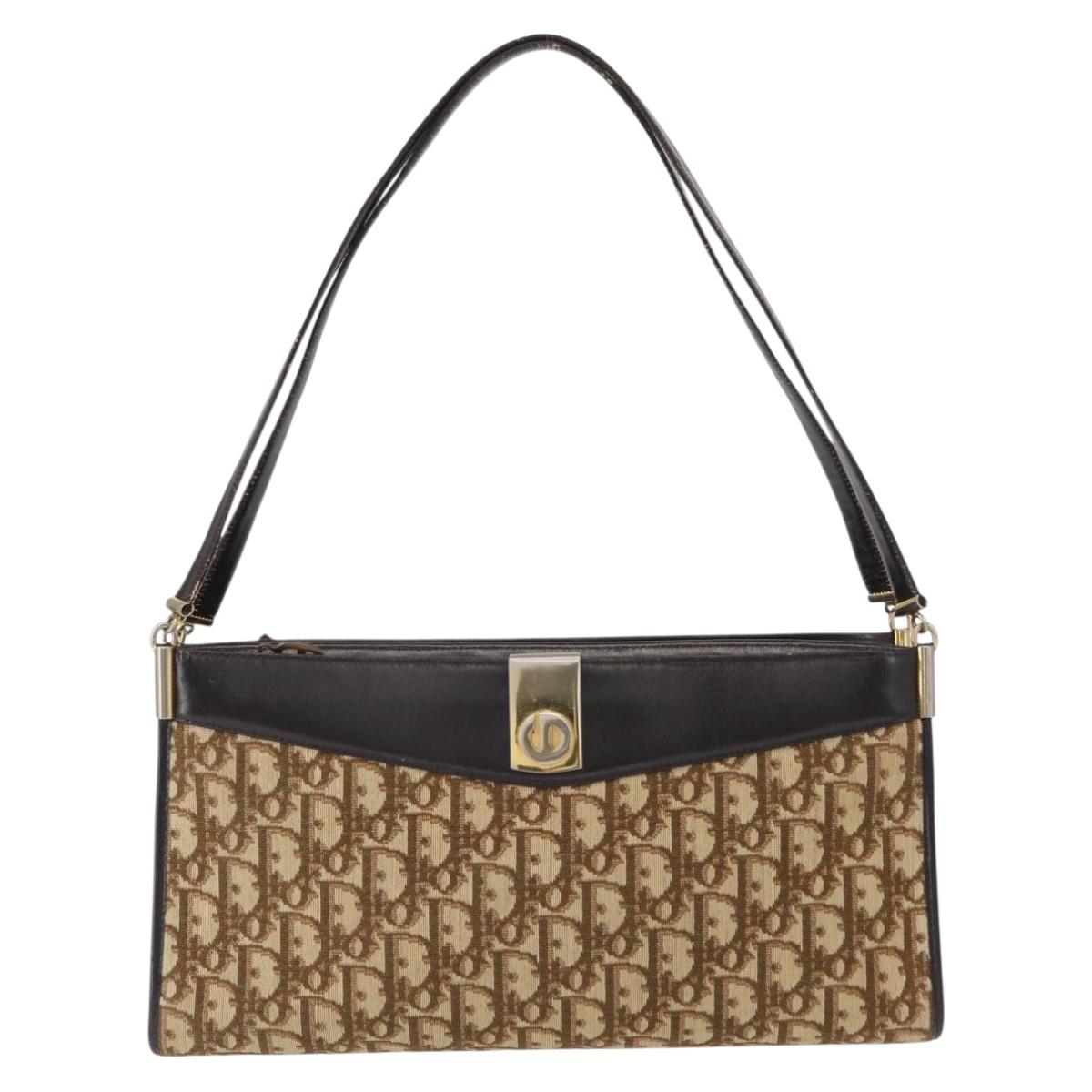 Christian Dior Trotter Canvas Shoulder Bag Brown Gold Auth 155930