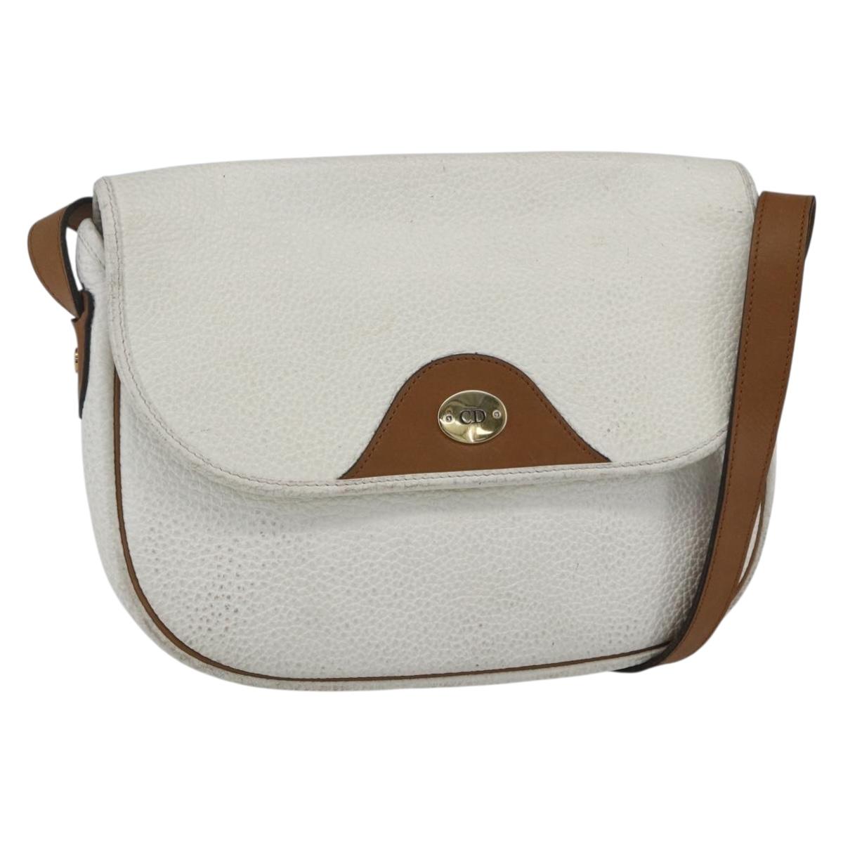 Christian Dior Chain Shoulder Bag Leather White Gold Auth 155932