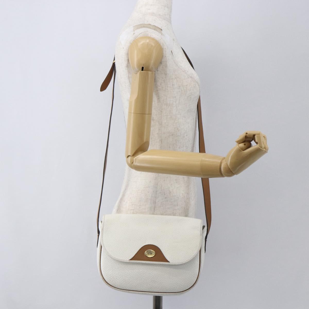 Christian Dior Chain Shoulder Bag Leather White Gold Auth 155932