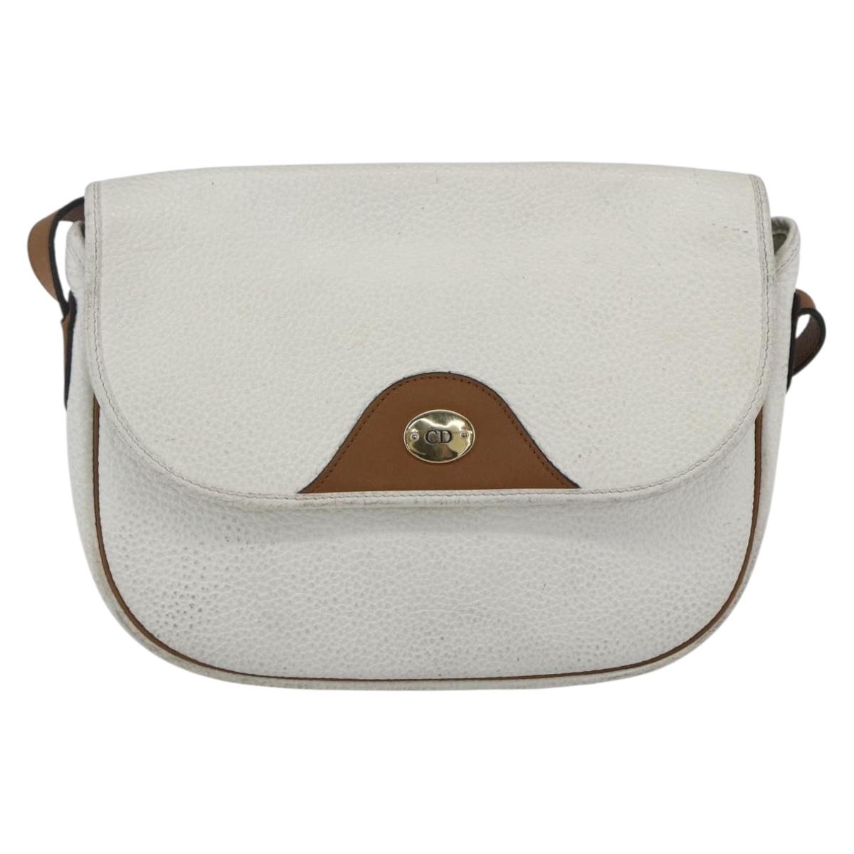 Christian Dior Chain Shoulder Bag Leather White Gold Auth 155932