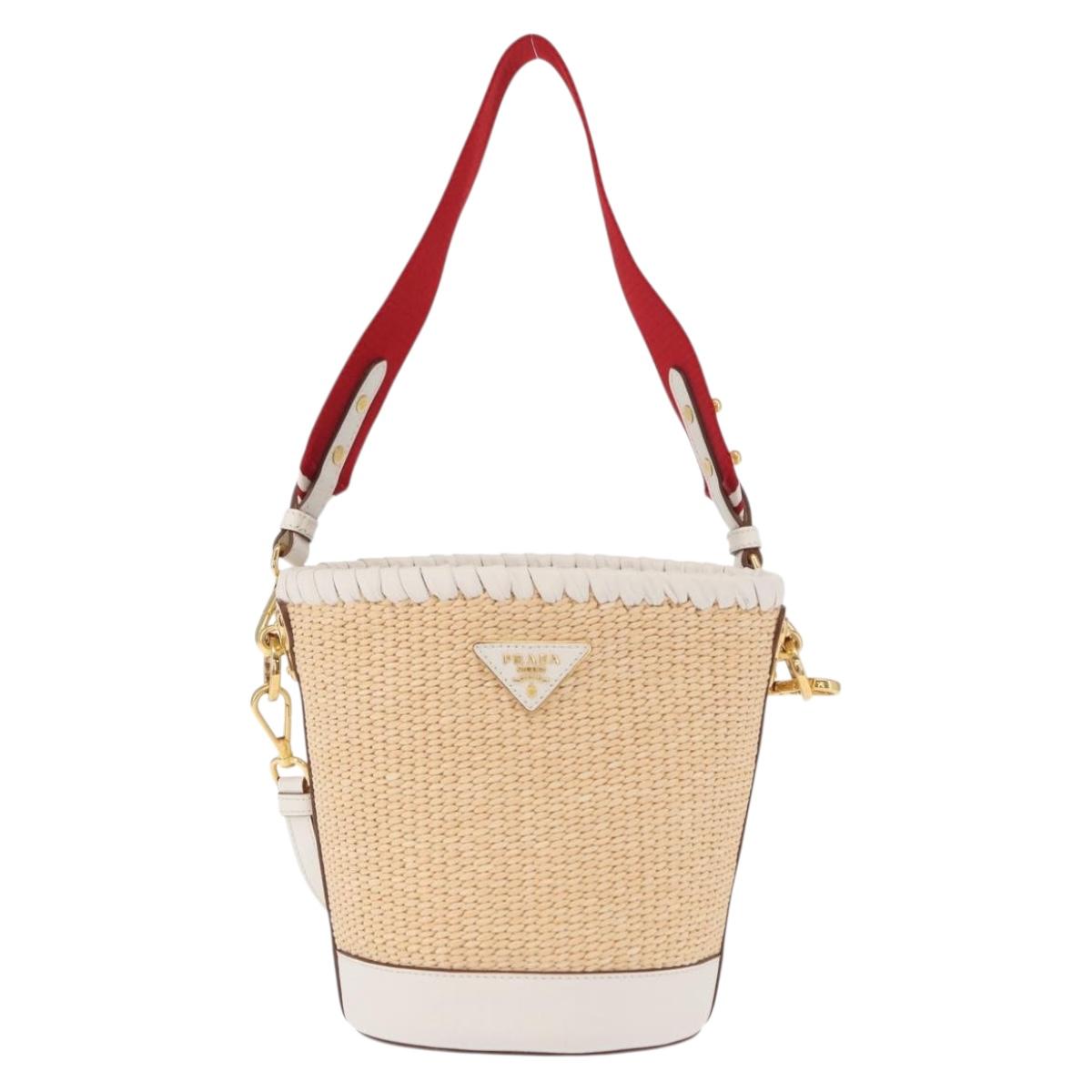 PRADA Shoulder Bag Saffiano leather Raffia Beige Gold Auth 155954SAM