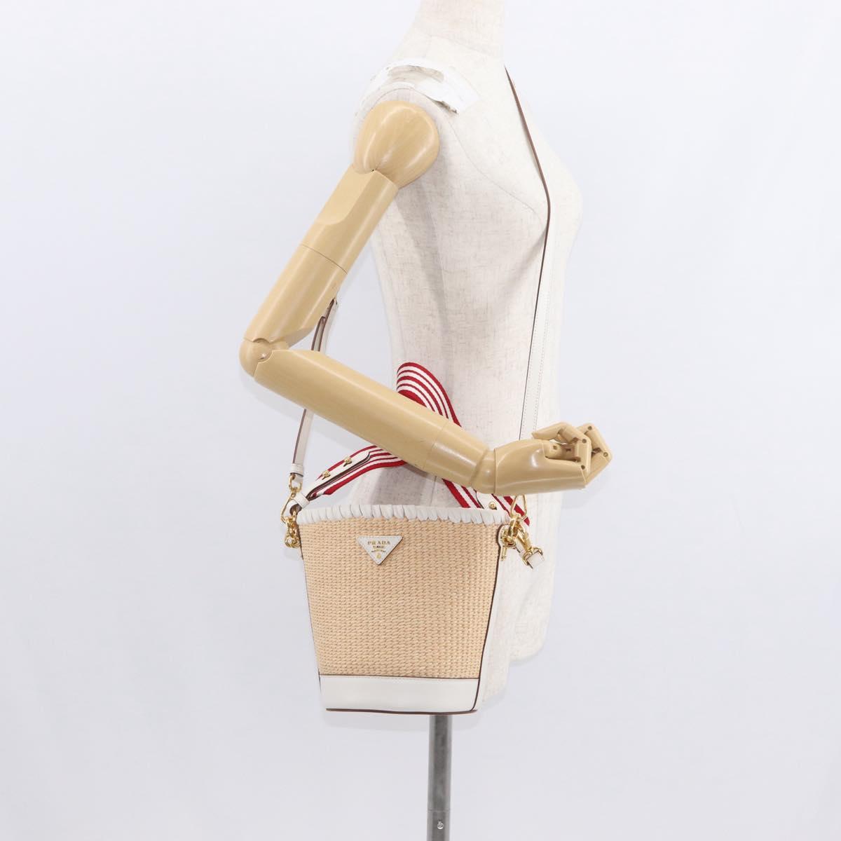 PRADA Shoulder Bag Saffiano leather Raffia Beige Gold Auth 155954SAM