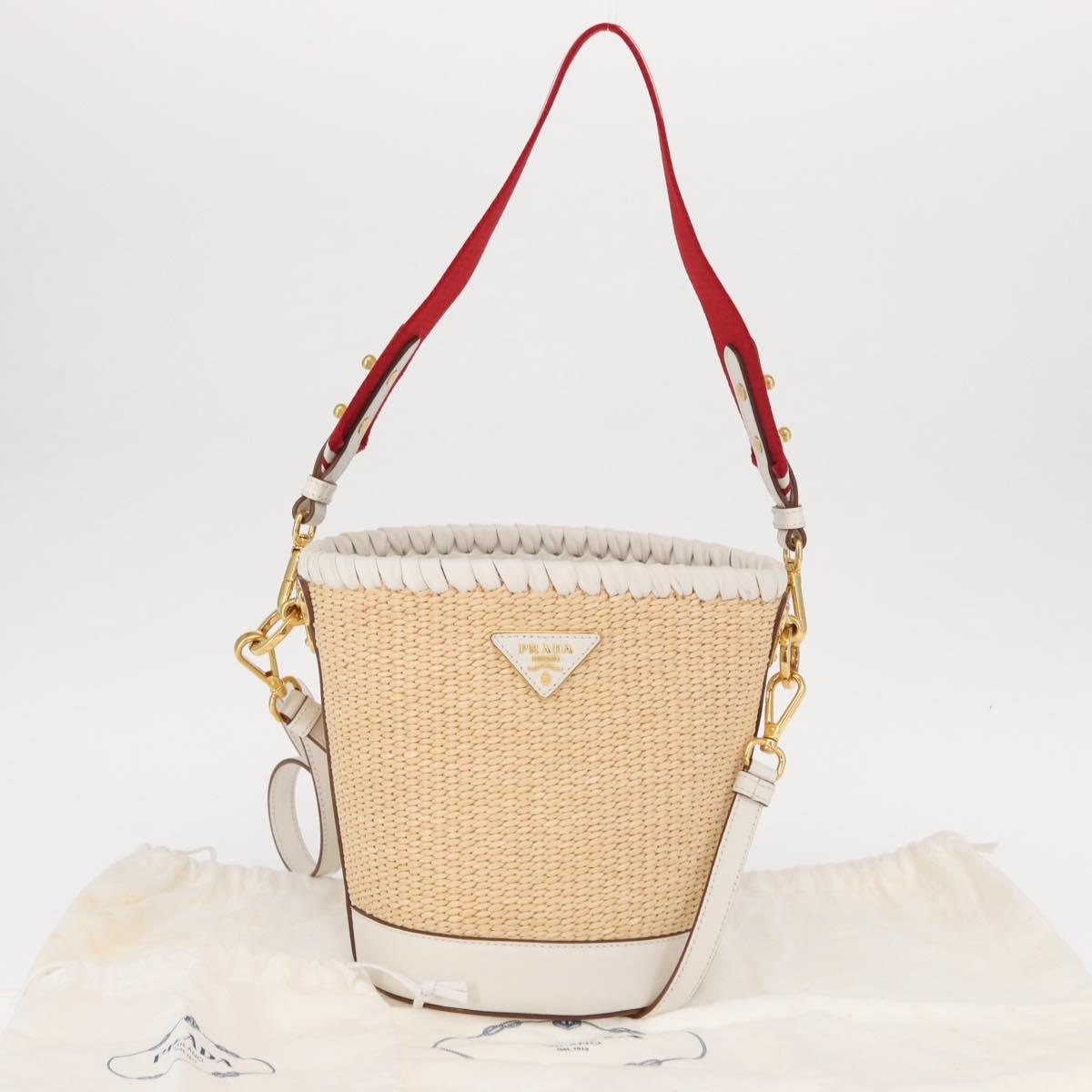 PRADA Shoulder Bag Saffiano leather Raffia Beige Gold Auth 155954SAM