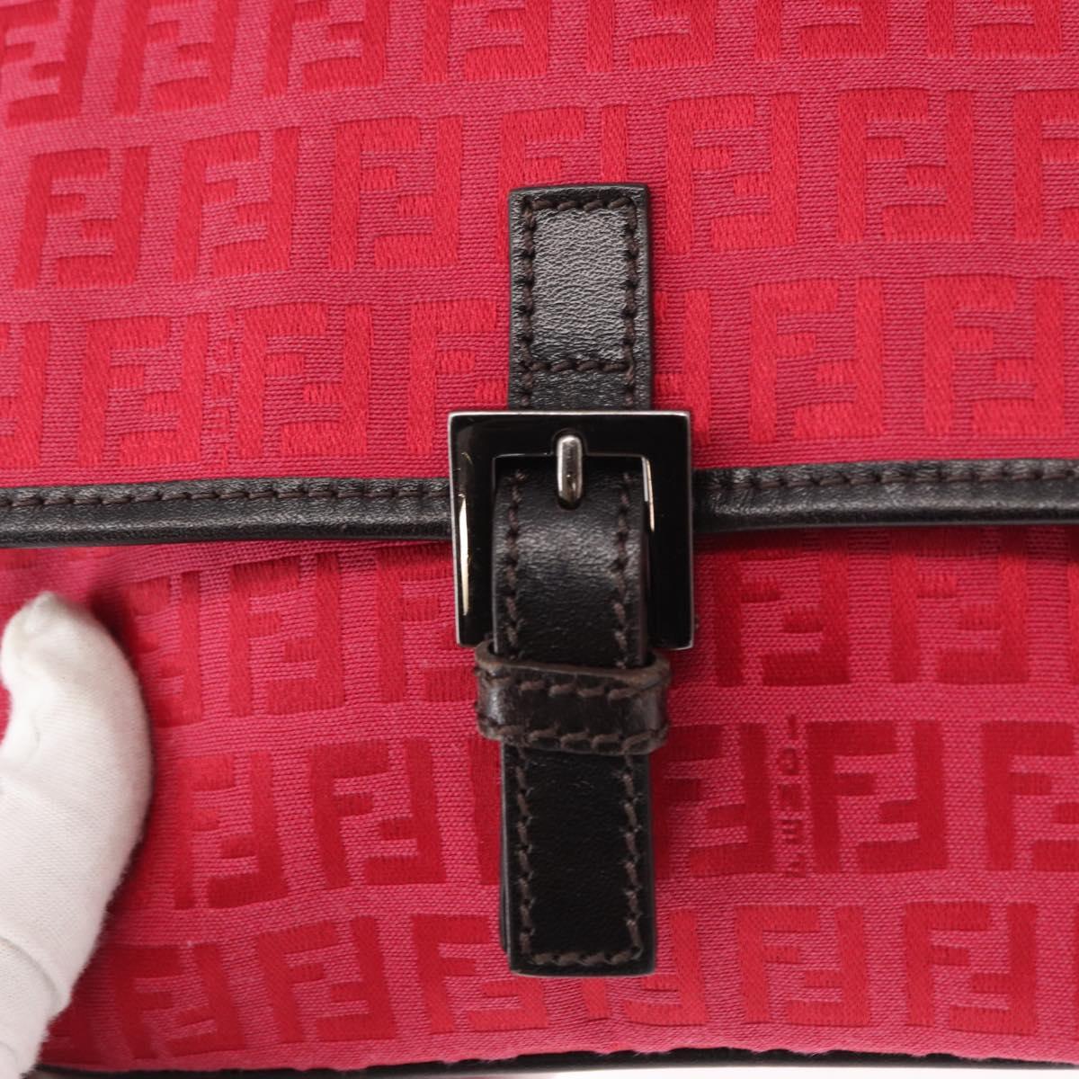 FENDI Zucchino Canvas Shoulder Bag Red Silver Auth 155957V