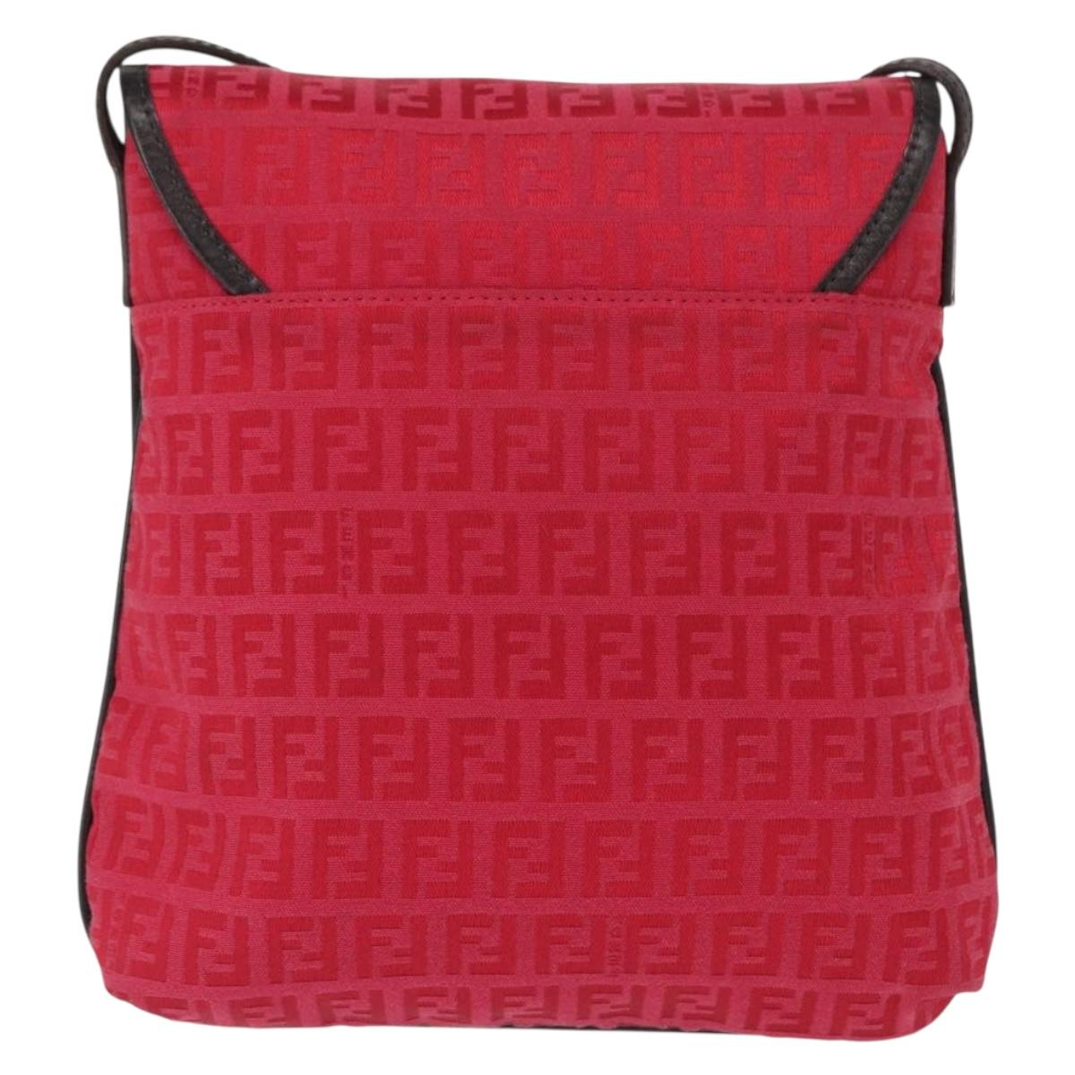 FENDI Zucchino Canvas Shoulder Bag Red Silver Auth 155957V