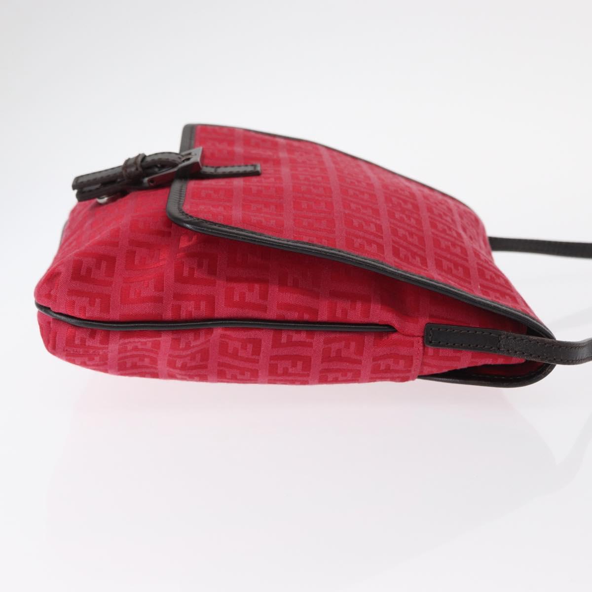 FENDI Zucchino Canvas Shoulder Bag Red Silver Auth 155957V
