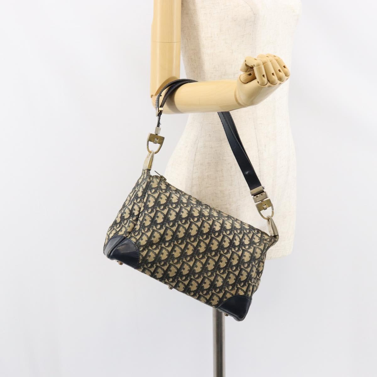 Christian Dior Trotter Canvas Shoulder Bag Navy Gold Auth 156001