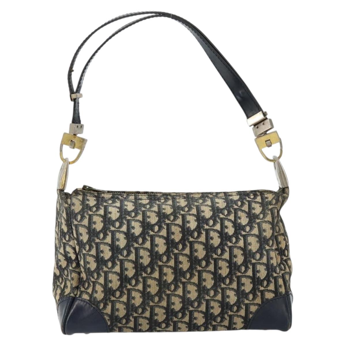 Christian Dior Trotter Canvas Shoulder Bag Navy Gold Auth 156001