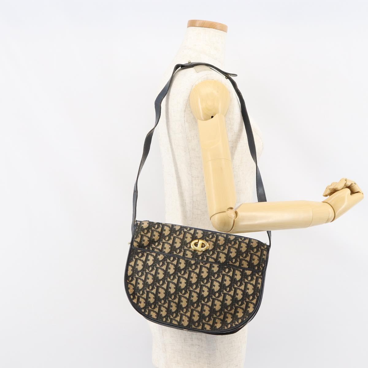 Christian Dior Trotter Canvas Shoulder Bag Navy Gold Auth 156002