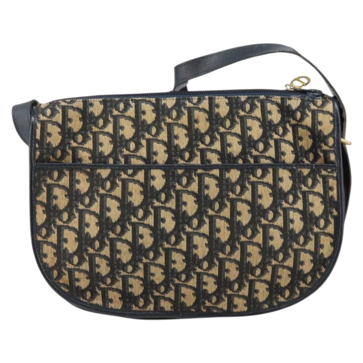 Christian Dior Trotter Canvas Shoulder Bag Navy Gold Auth 156002