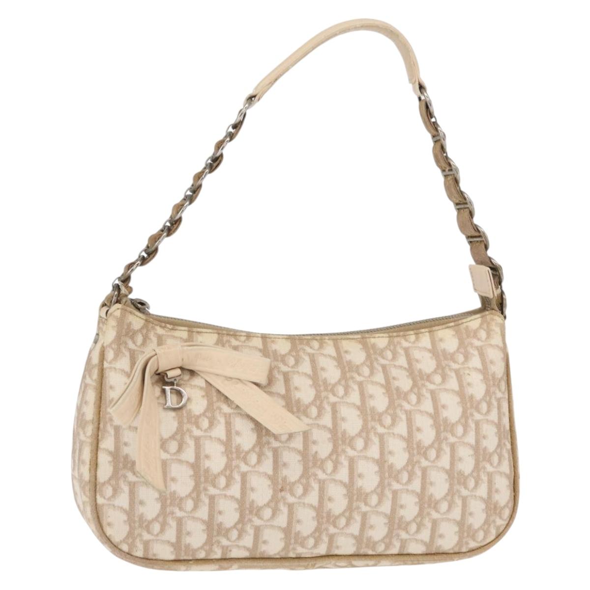 Christian Dior Trotter Canvas Romantic Chain Bag PVC Beige Silver Auth 156005