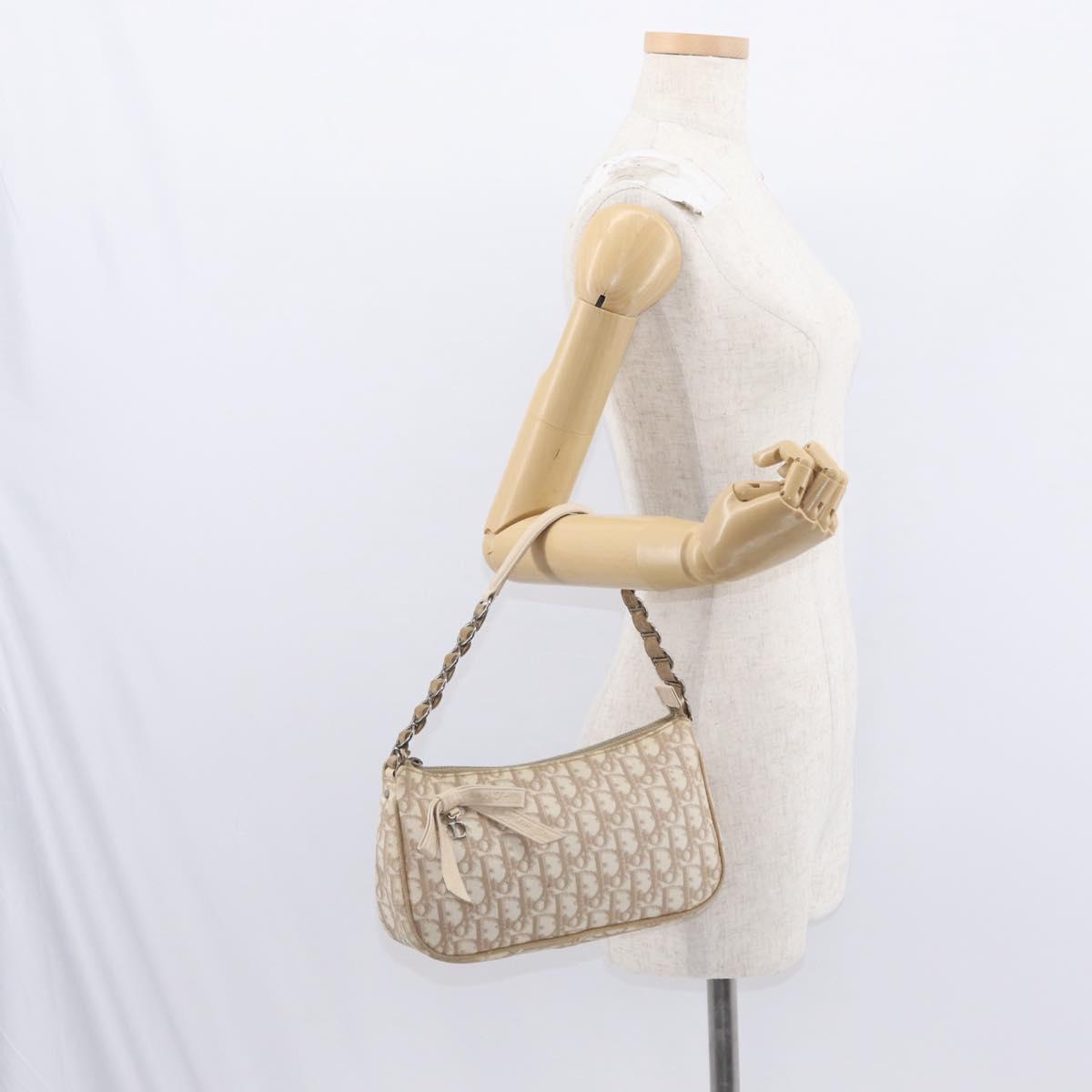 Christian Dior Trotter Canvas Romantic Chain Bag PVC Beige Silver Auth 156005