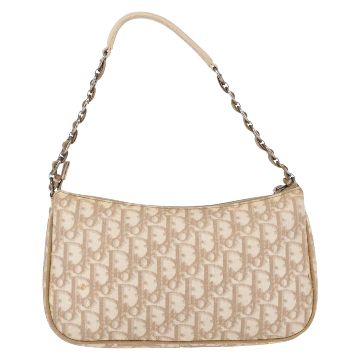 Christian Dior Trotter Canvas Romantic Chain Bag PVC Beige Silver Auth 156005