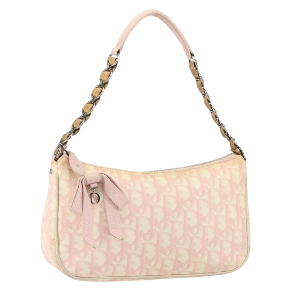 Christian Dior Trotter Canvas Romantic Chain Bag PVC Pink Silver Auth 156006