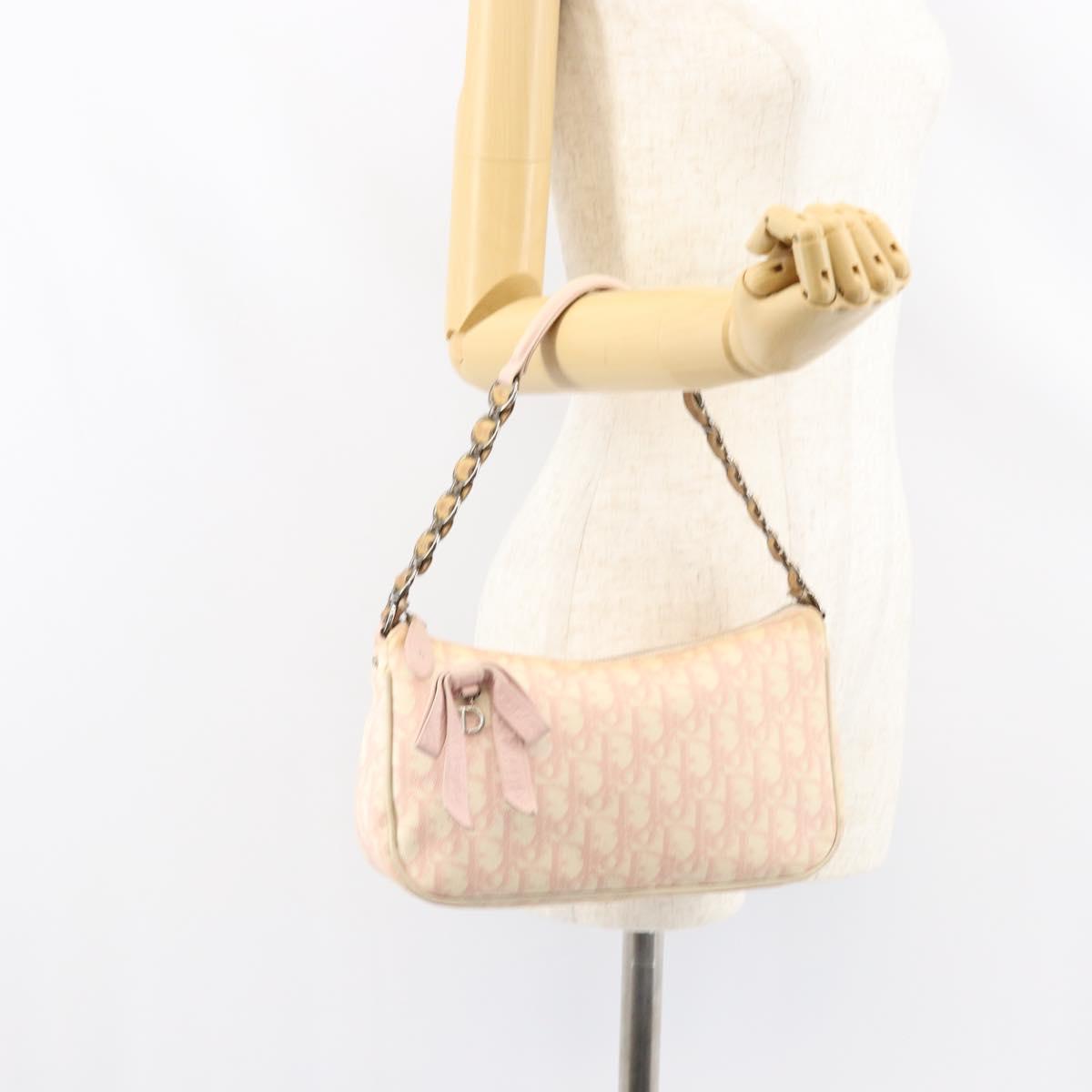 Christian Dior Trotter Canvas Romantic Chain Bag PVC Pink Silver Auth 156006