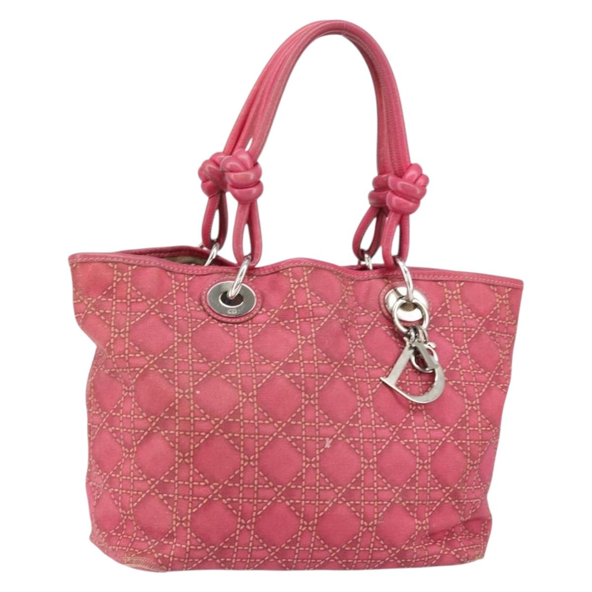 Christian Dior Canage Hand Bag Coated Canvas Pink Silver Auth 156007