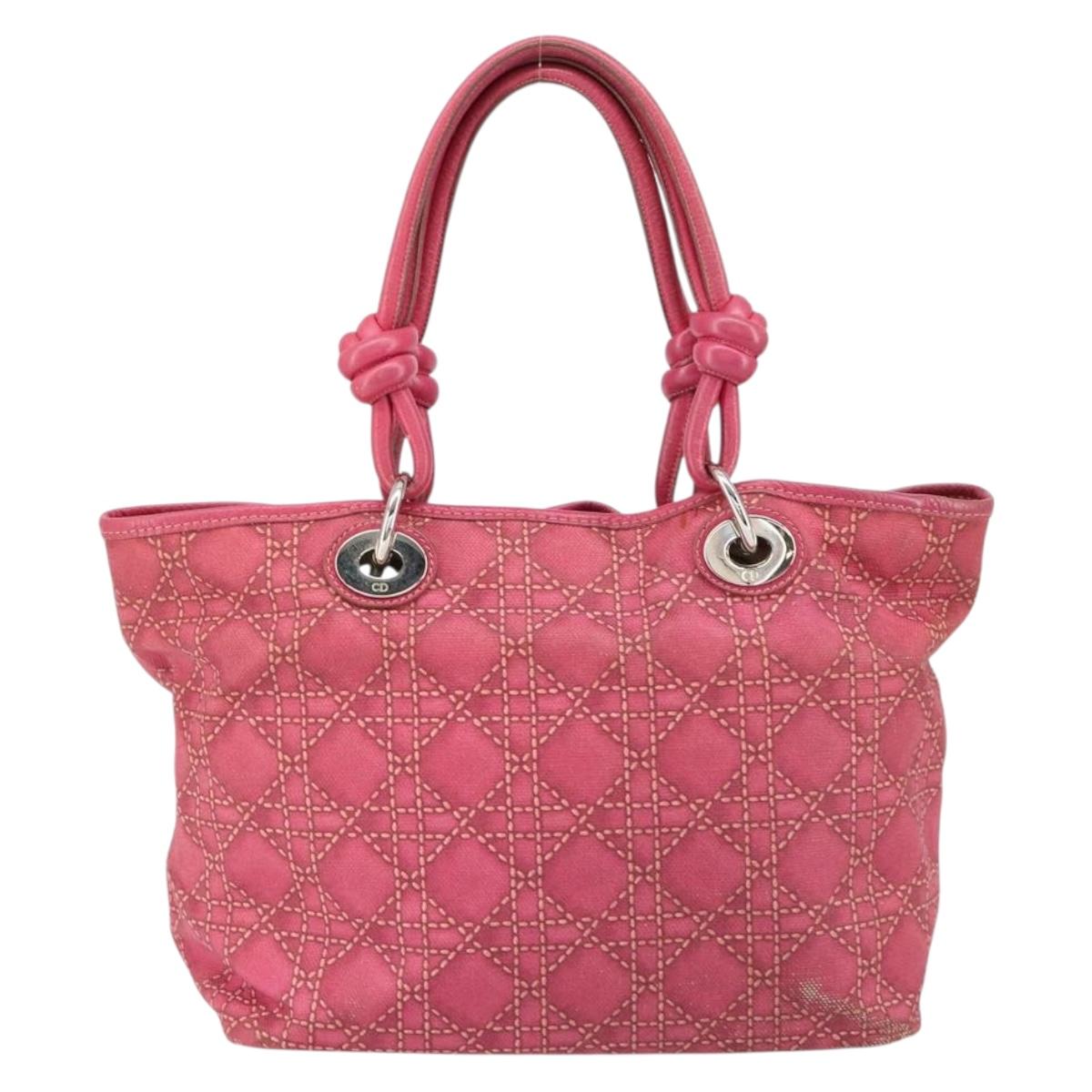 Christian Dior Canage Hand Bag Coated Canvas Pink Silver Auth 156007