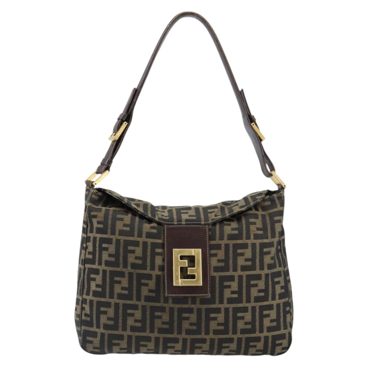 FENDI Zucca Canvas Shoulder Bag Black Brown Auth 156011