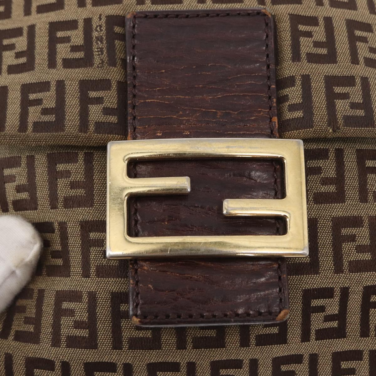 FENDI Zucchino Canvas Mamma Baguette Shoulder Bag Beige Gold Auth 156013