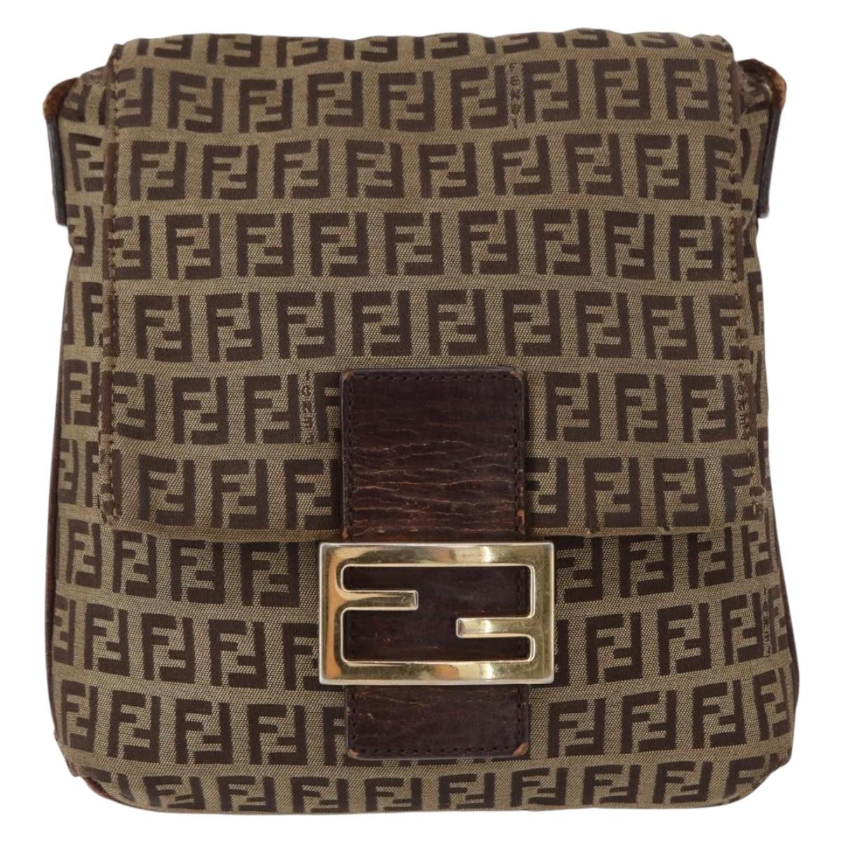 FENDI Zucchino Canvas Mamma Baguette Shoulder Bag Beige Gold Auth 156013