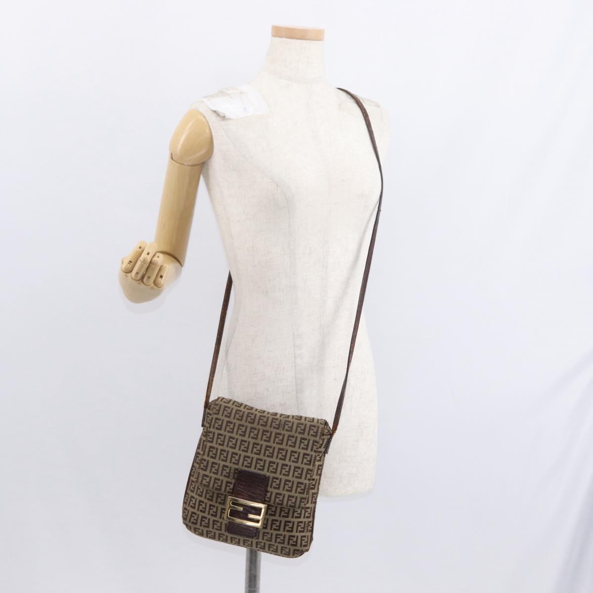 FENDI Zucchino Canvas Mamma Baguette Shoulder Bag Beige Gold Auth 156013