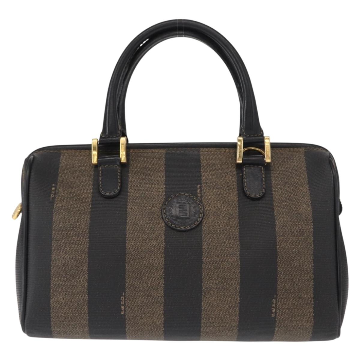 FENDI Pecan Canvas Boston Bag Black Brown gold Auth 156014