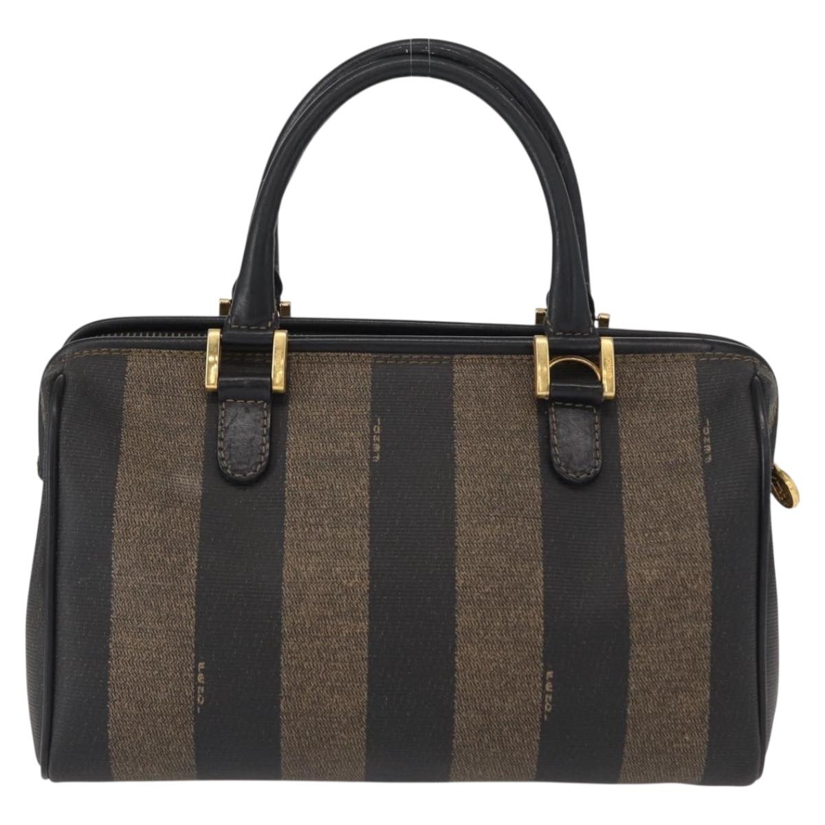 FENDI Pecan Canvas Boston Bag Black Brown gold Auth 156014