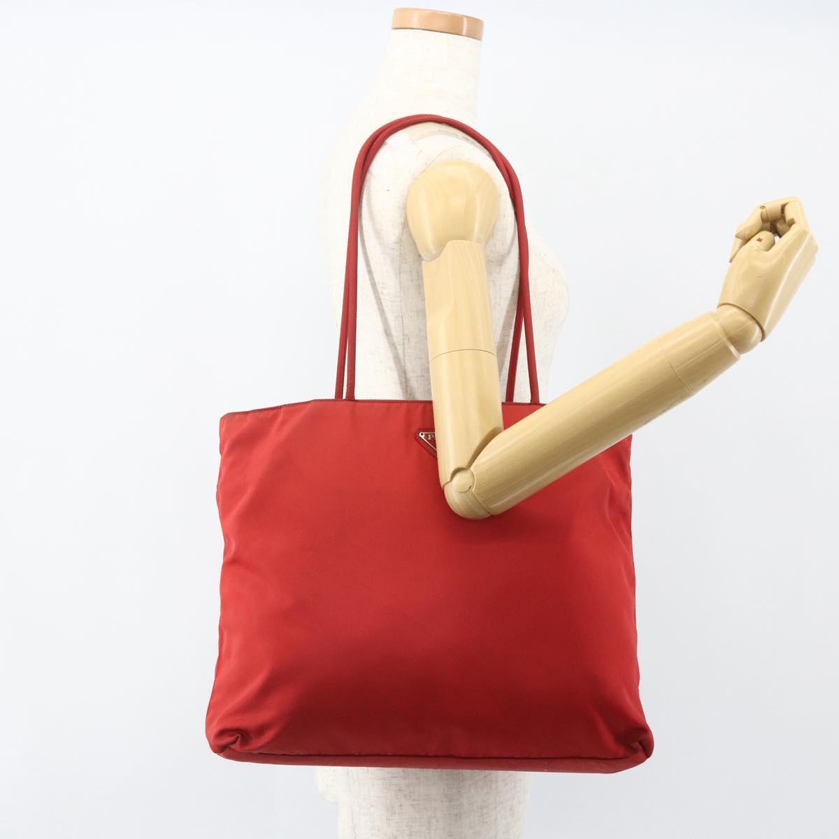 PRADA Tote Bag Nylon Red Silver Auth 156017
