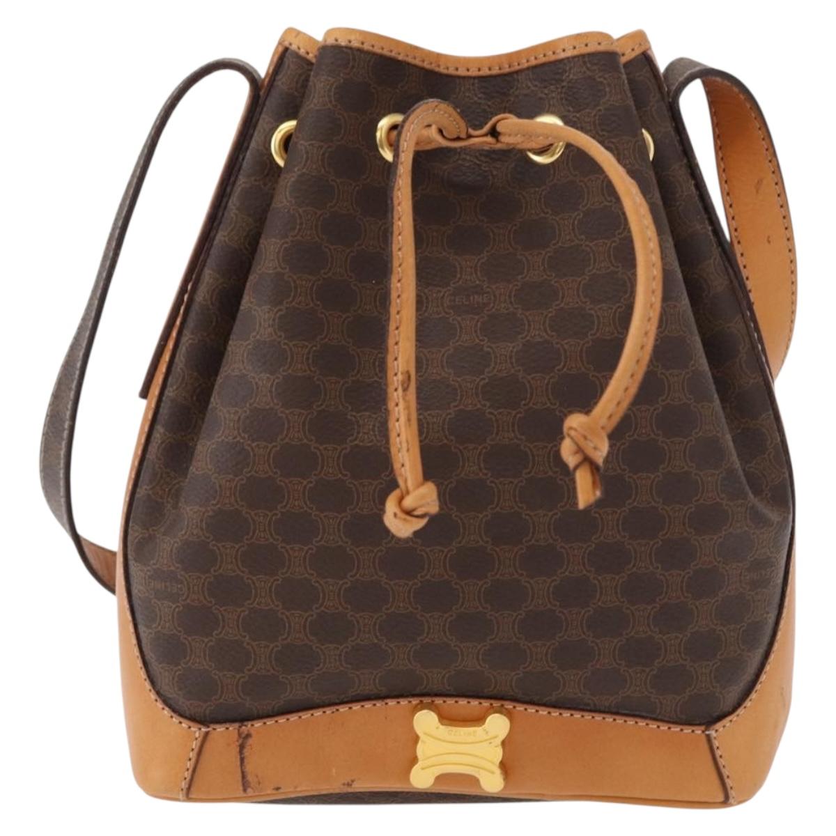 CELINE Macadam Canvas Shoulder Bag PVC Leather Brown Gold Auth 156021