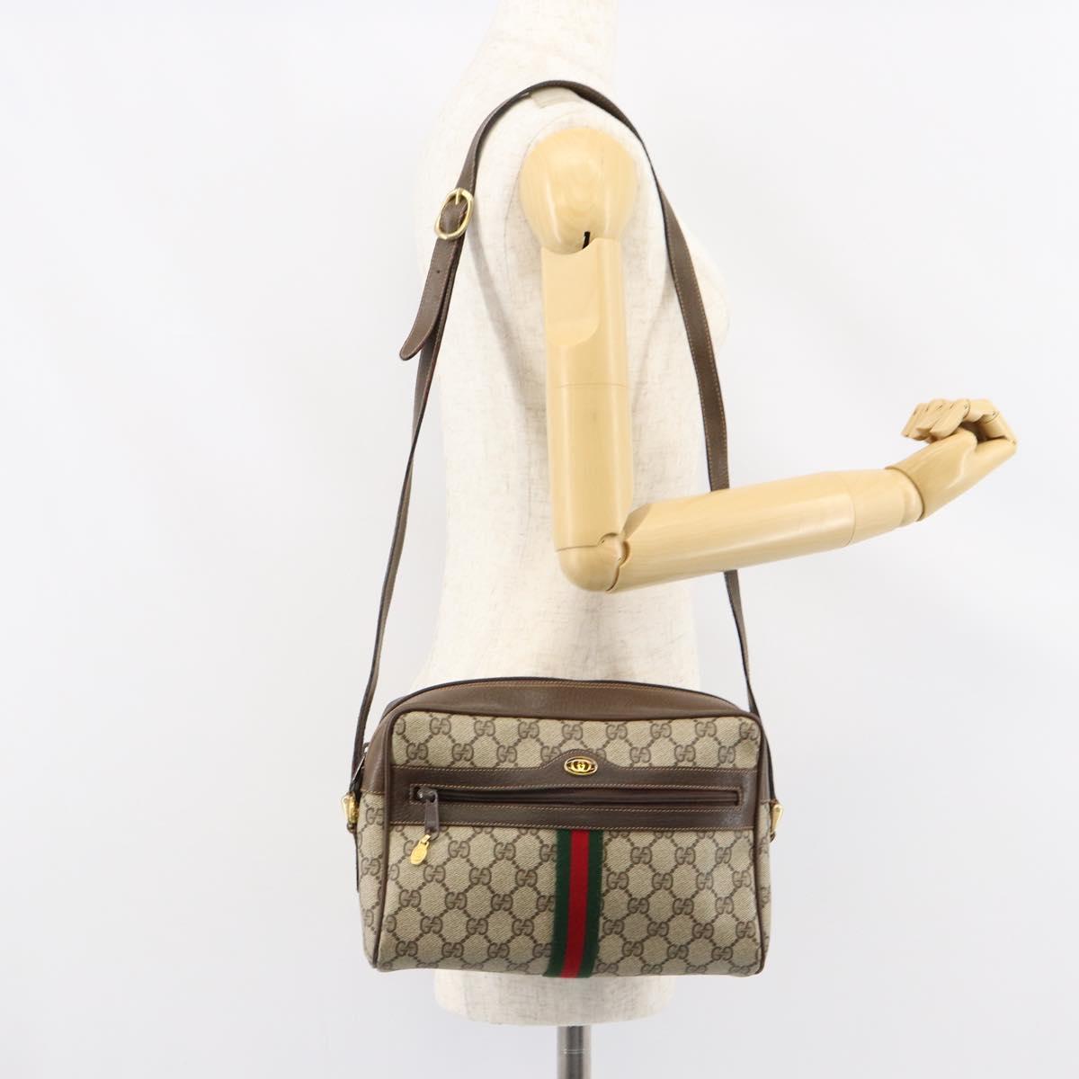 GUCCI GG Supreme Web Sherry Line Shoulder Bag PVC Beige Gold Auth 156026