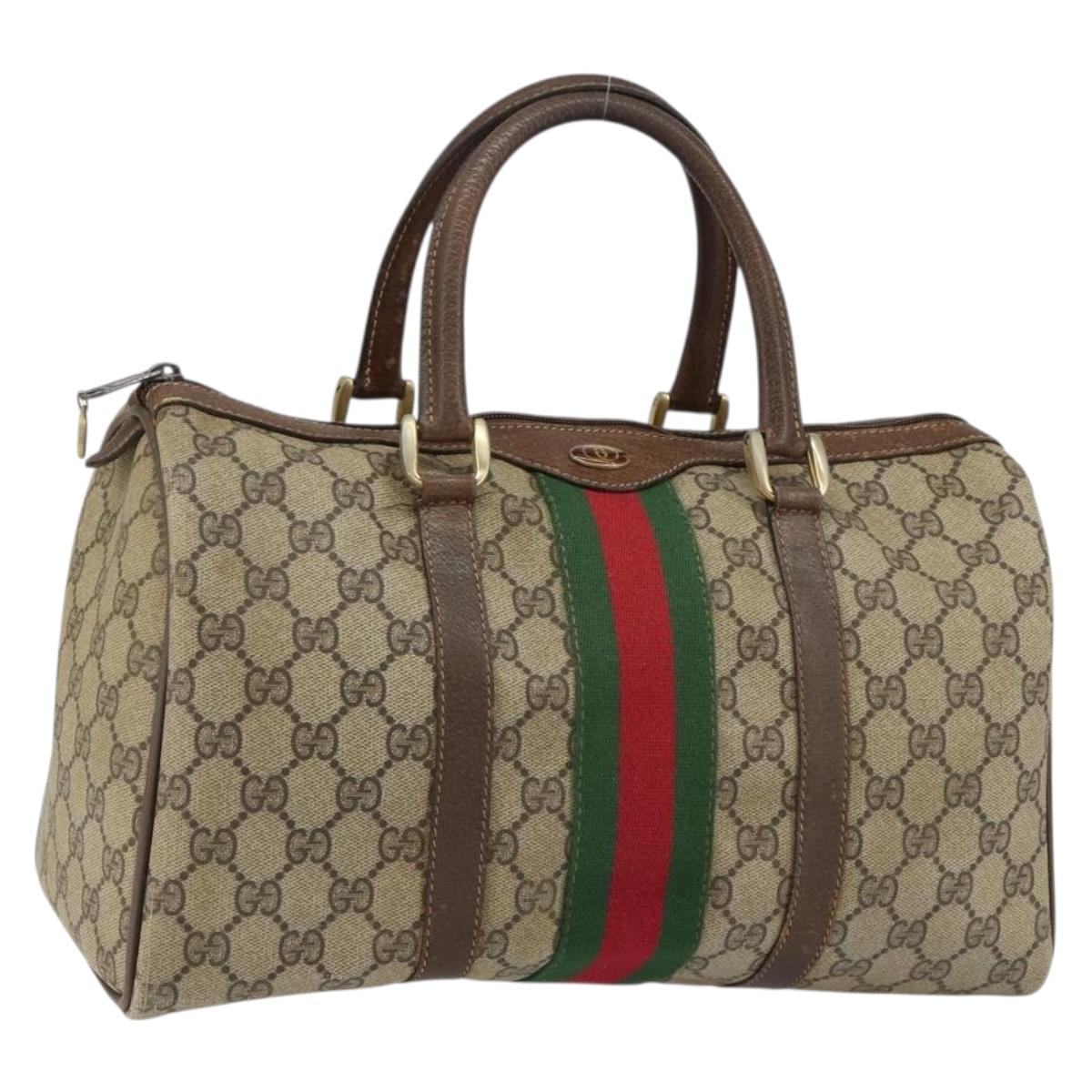 GUCCI GG Supreme Web Sherry Line Boston Bag PVC Beige Gold Auth 156030