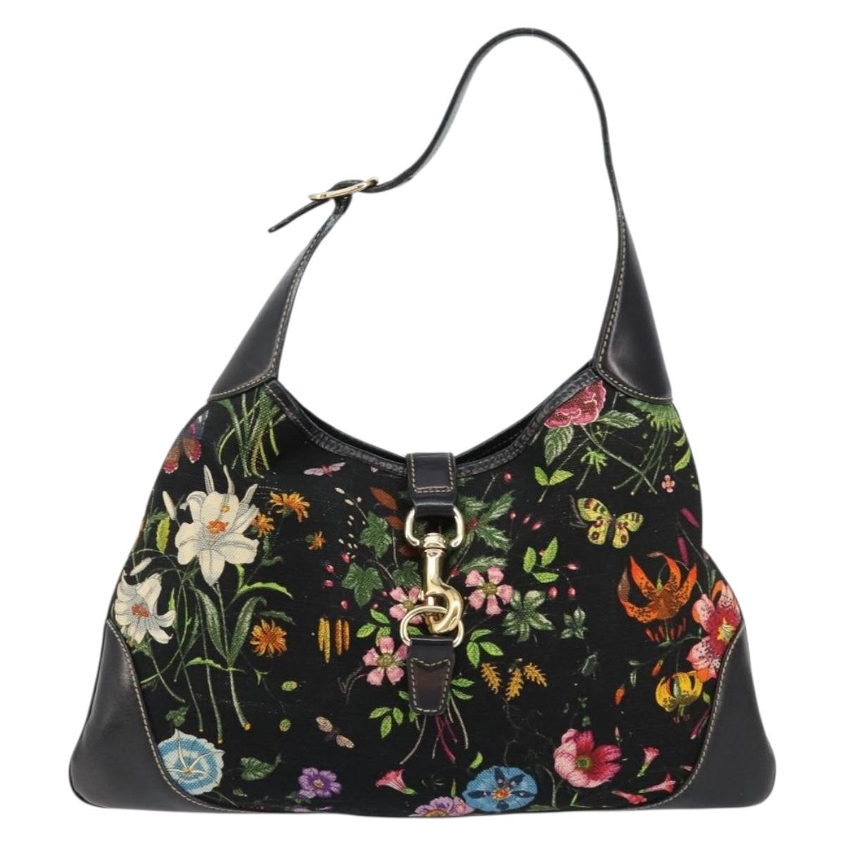 GUCCI Flora Shoulder Bag Canvas Black Gold 153029 Auth 156047