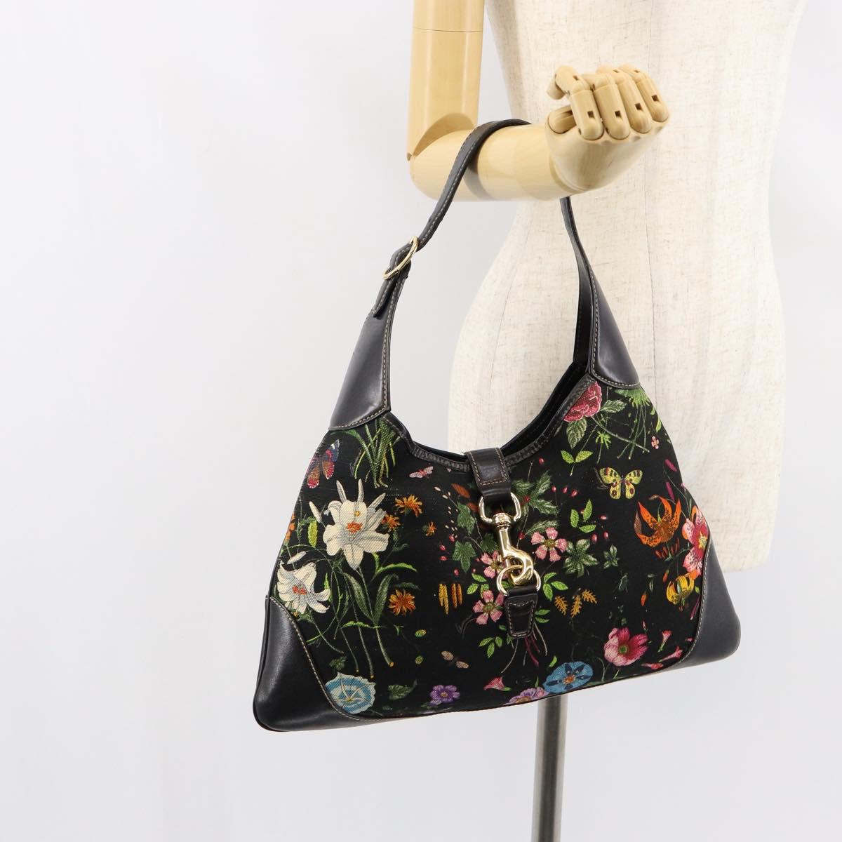 GUCCI Flora Shoulder Bag Canvas Black Gold 153029 Auth 156047