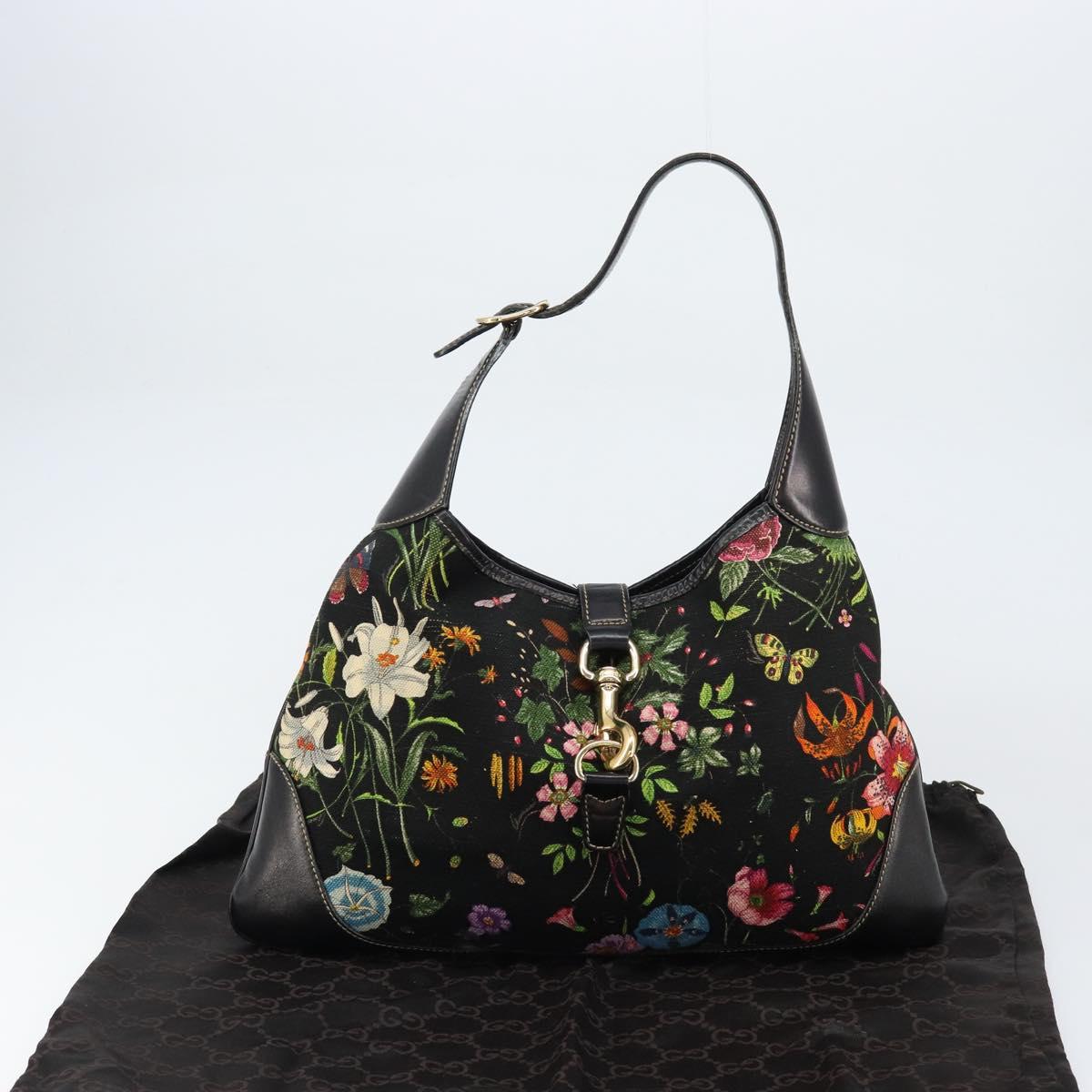 GUCCI Flora Shoulder Bag Canvas Black Gold 153029 Auth 156047