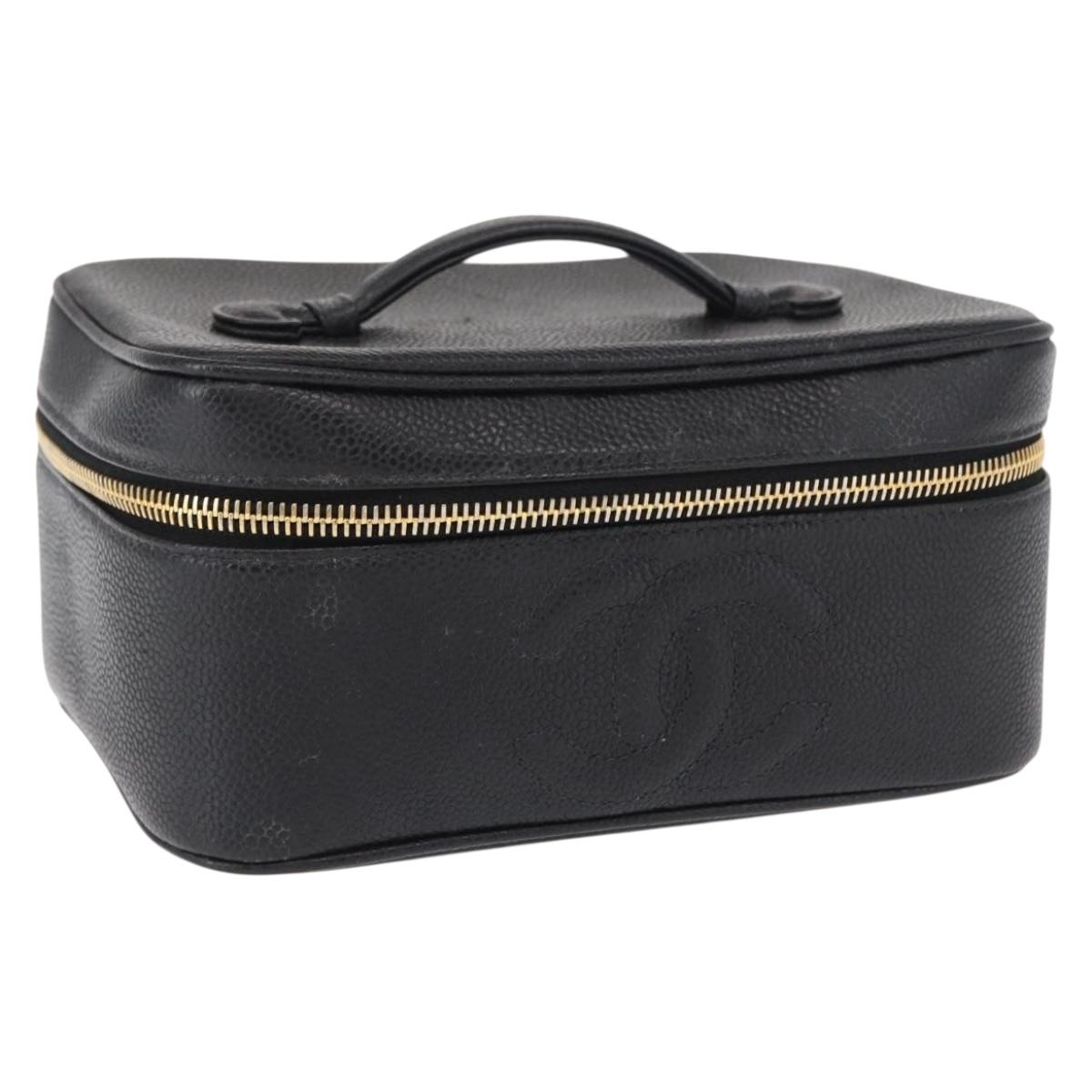 CHANEL COCO Mark Vanity Hand Bag Caviar Skin Black Gold CC Auth 156049
