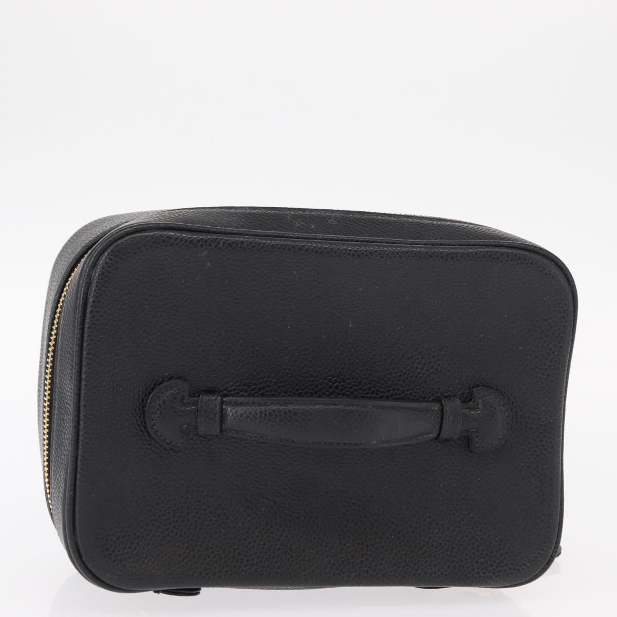 CHANEL COCO Mark Vanity Hand Bag Caviar Skin Black Gold CC Auth 156049