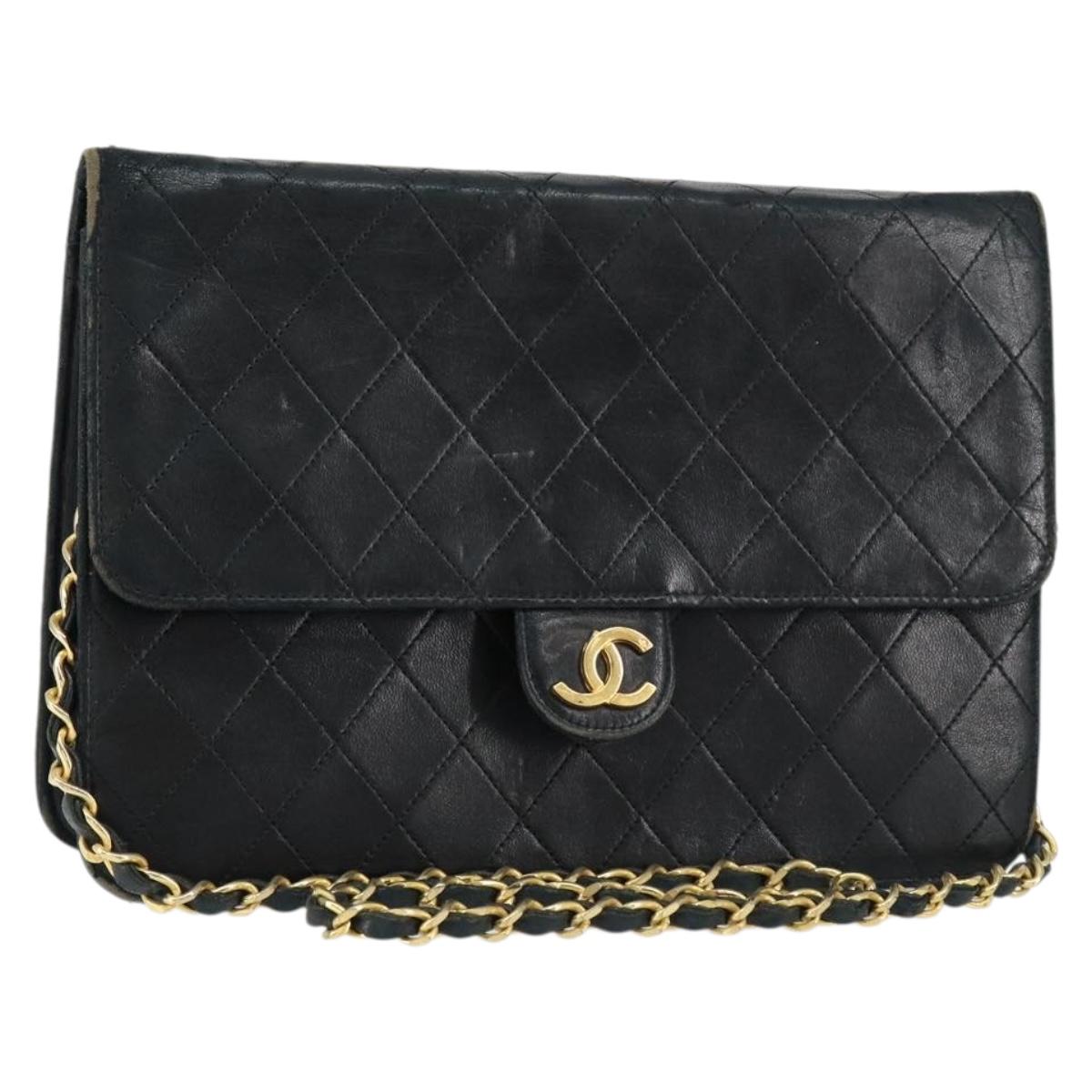 CHANEL Matelasse Chain Shoulder Bag Lamb Skin Black Gold CC Auth 156050