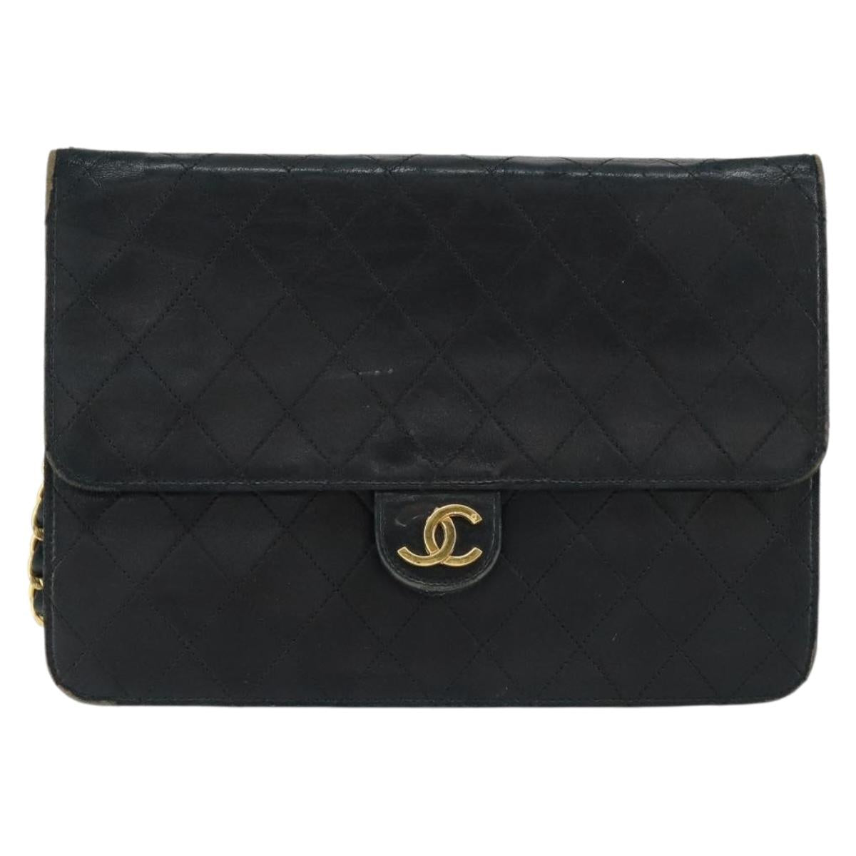 CHANEL Matelasse Chain Shoulder Bag Lamb Skin Black Gold CC Auth 156050
