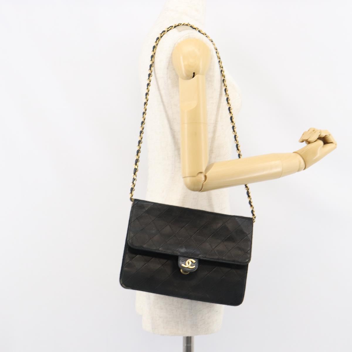 CHANEL Matelasse Chain Shoulder Bag Lamb Skin Black Gold CC Auth 156050