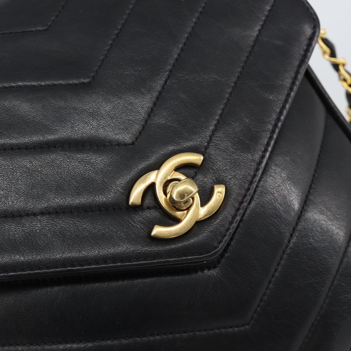 CHANEL Chain V Stitch Shoulder Bag Lamb Skin Black Gold CC Auth 156053