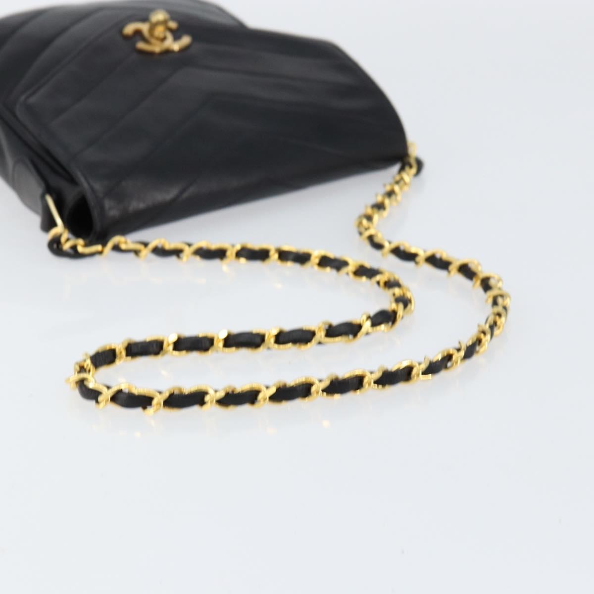 CHANEL Chain V Stitch Shoulder Bag Lamb Skin Black Gold CC Auth 156053