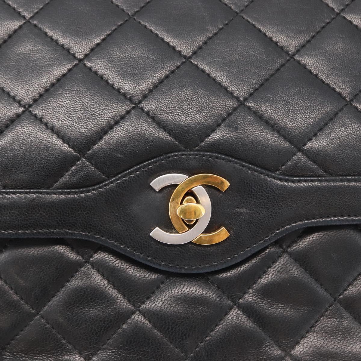 CHANEL Matelasse 25 Double Flap Paris Only Bag Lamb Skin Black CC Auth 156054