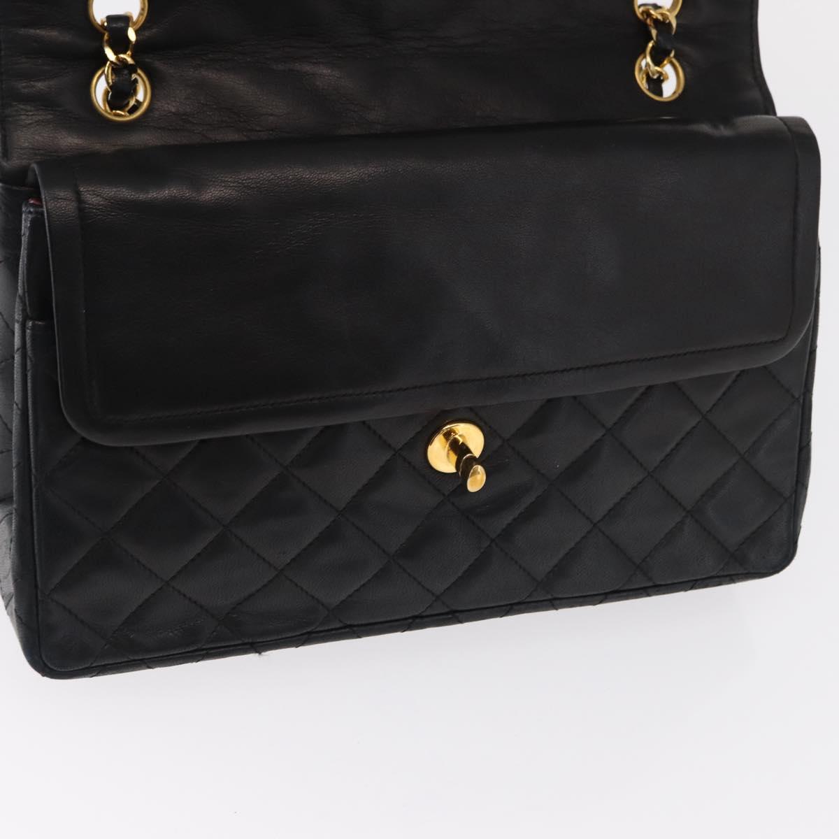CHANEL Matelasse 25 Double Flap Paris Only Bag Lamb Skin Black CC Auth 156054