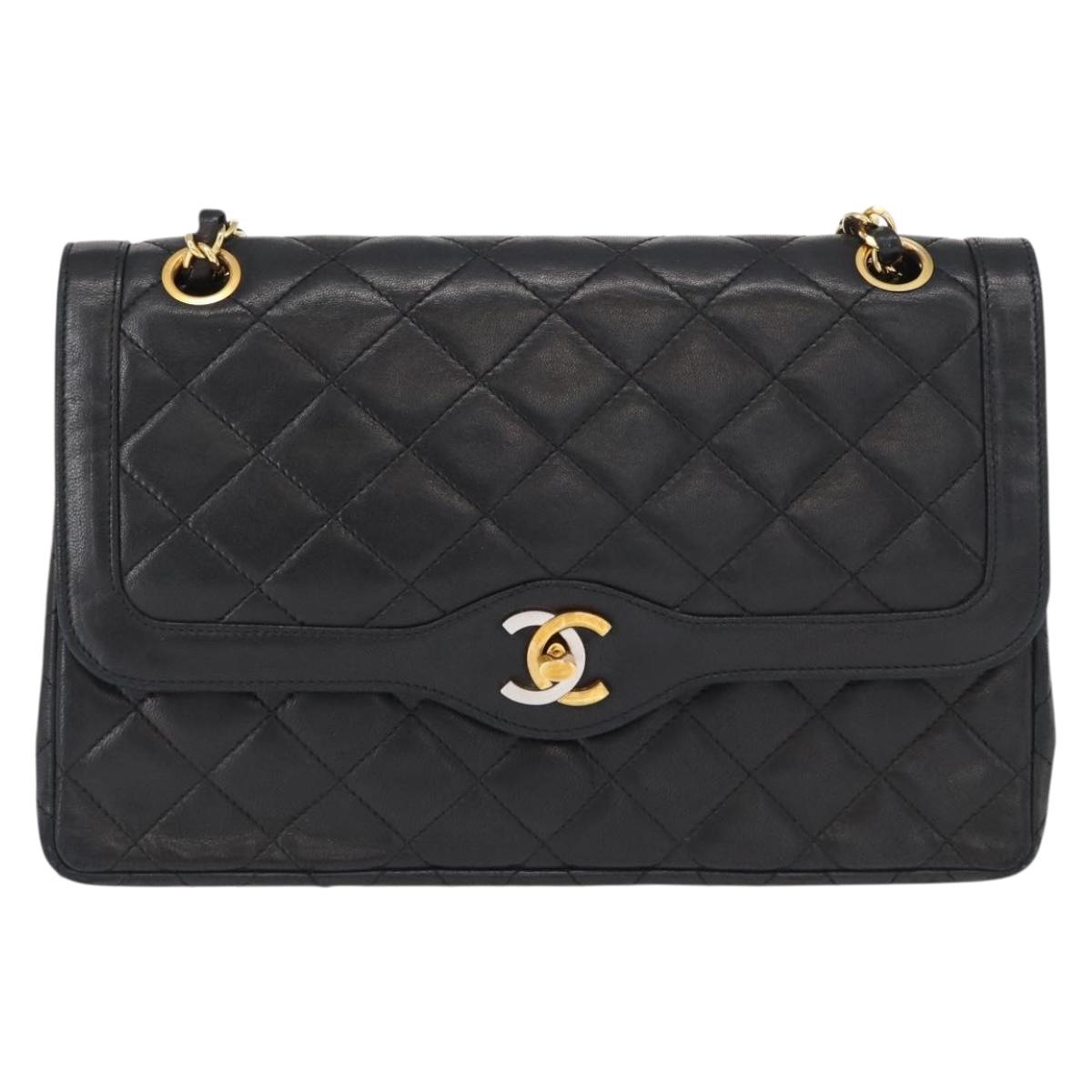 CHANEL Matelasse 25 Double Flap Paris Only Bag Lamb Skin Black CC Auth 156054