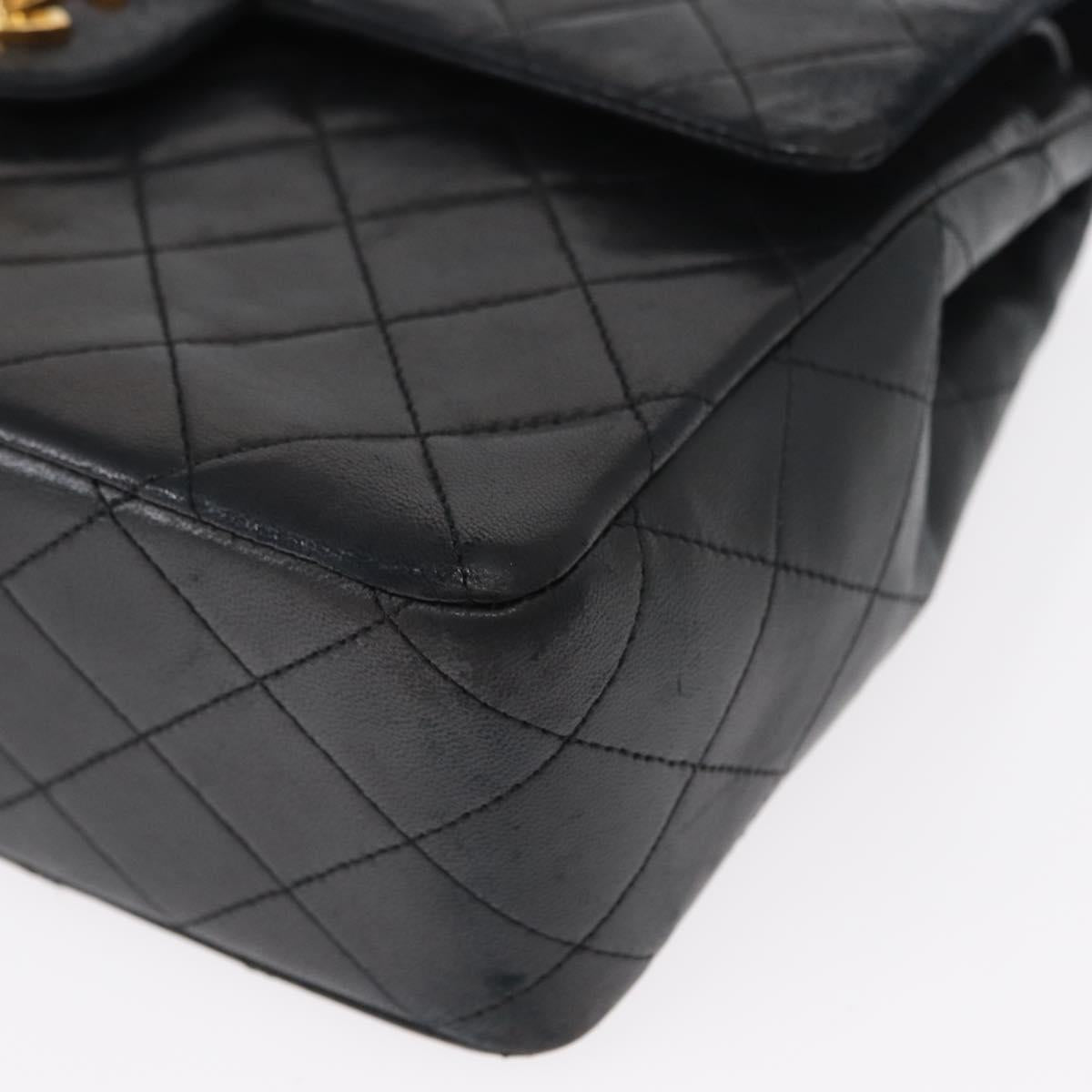 CHANEL Matelasse 25 Double Flap Chain Bag Lamb Skin Black Gold CC Auth 156055