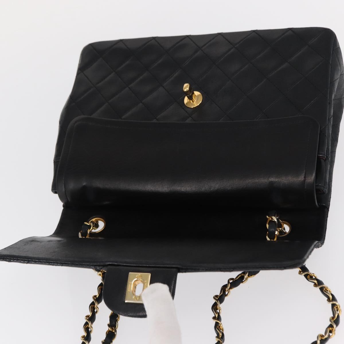 CHANEL Matelasse 25 Double Flap Chain Bag Lamb Skin Black Gold CC Auth 156055