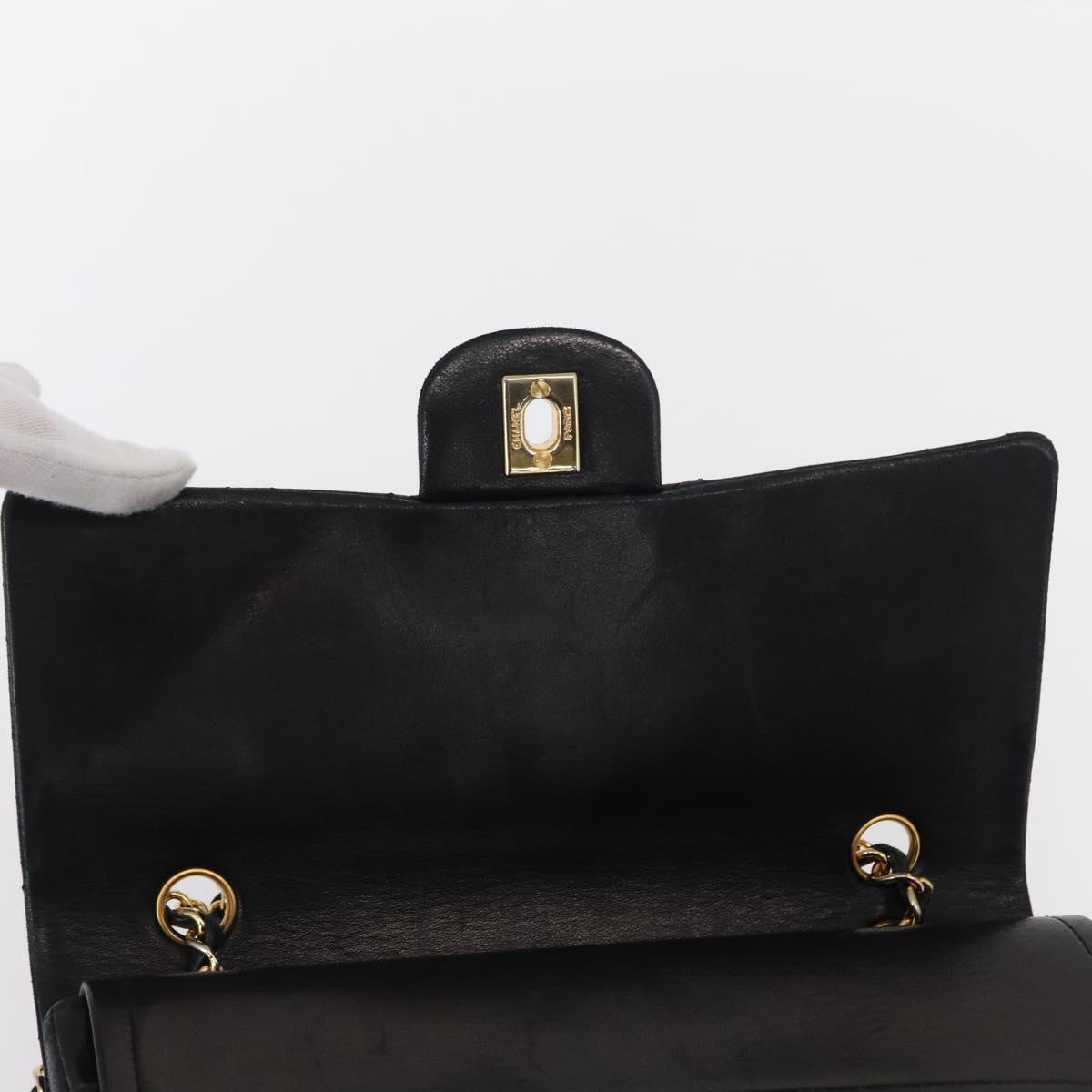 CHANEL Matelasse 25 Double Flap Chain Bag Lamb Skin Black Gold CC Auth 156055