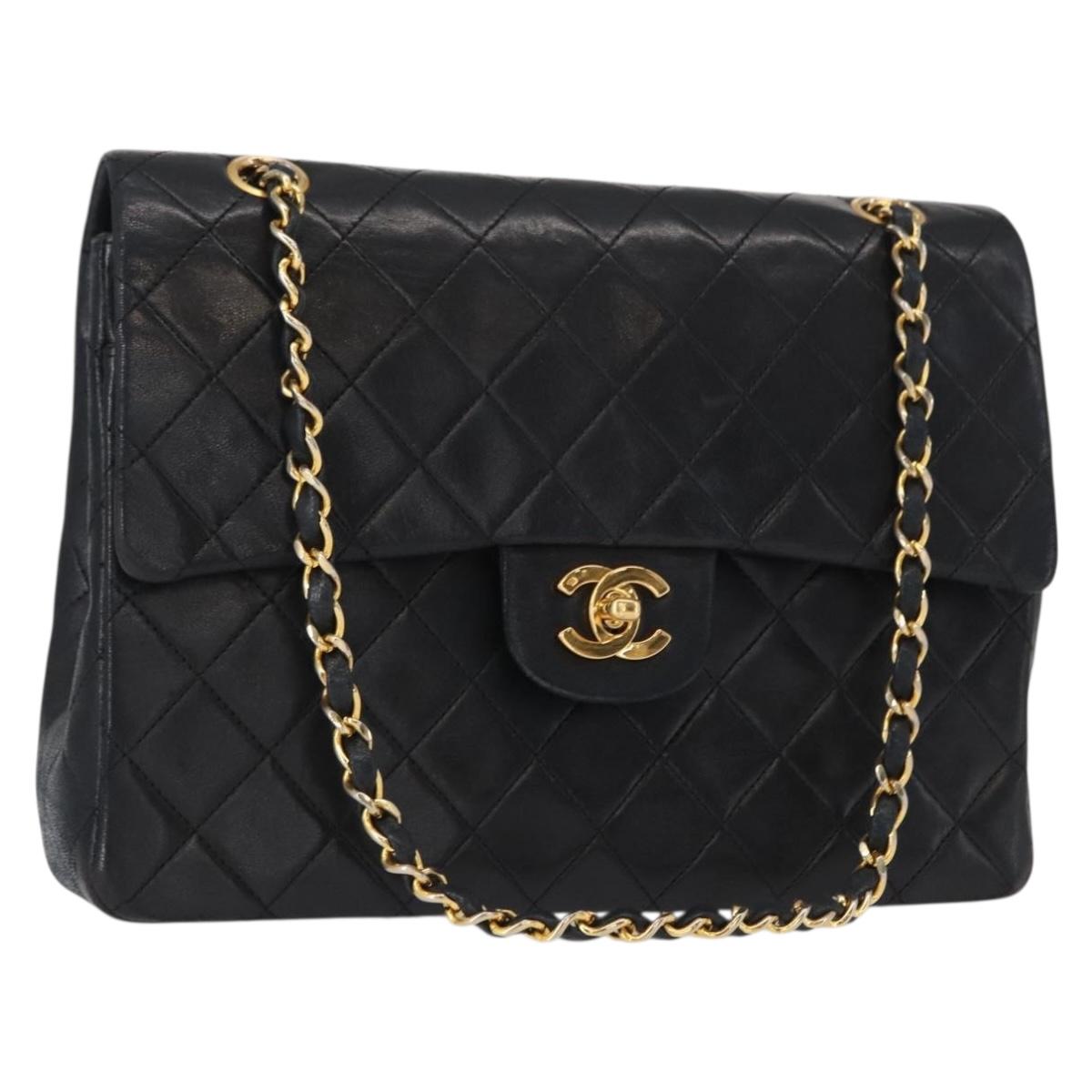 CHANEL Matelasse 25 Double Flap Chain Bag Lamb Skin Black Gold CC Auth 156055