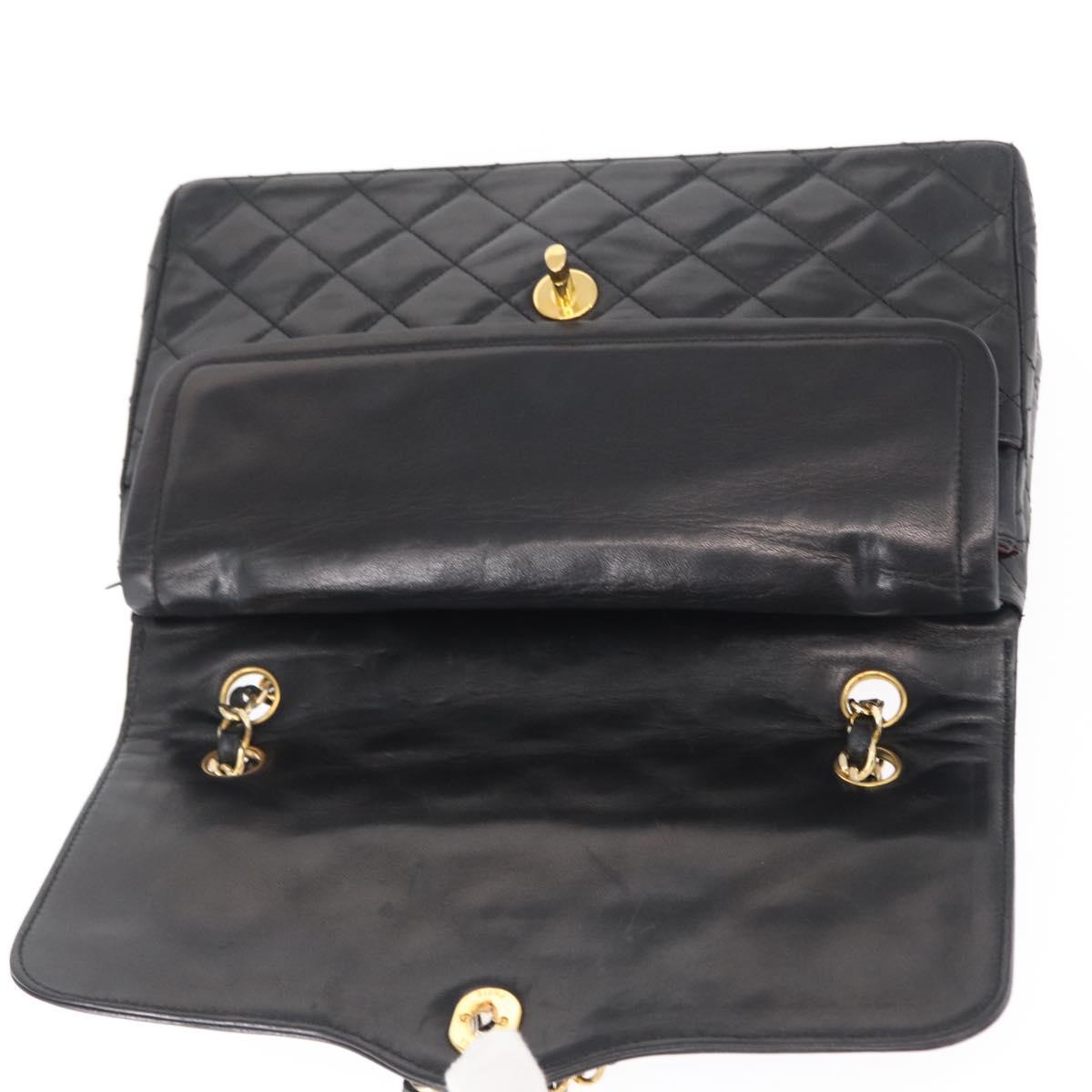 CHANEL Matelasse 25 Double Flap Paris Only Bag Lamb Skin Black CC Auth 156056