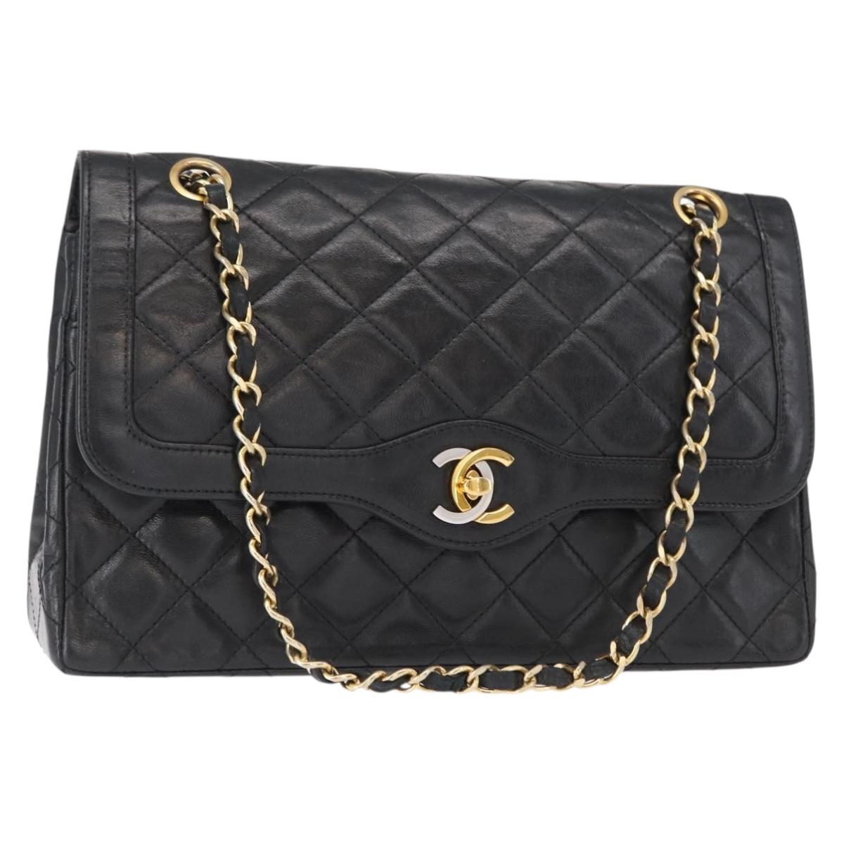 CHANEL Matelasse 25 Double Flap Paris Only Bag Lamb Skin Black CC Auth 156056